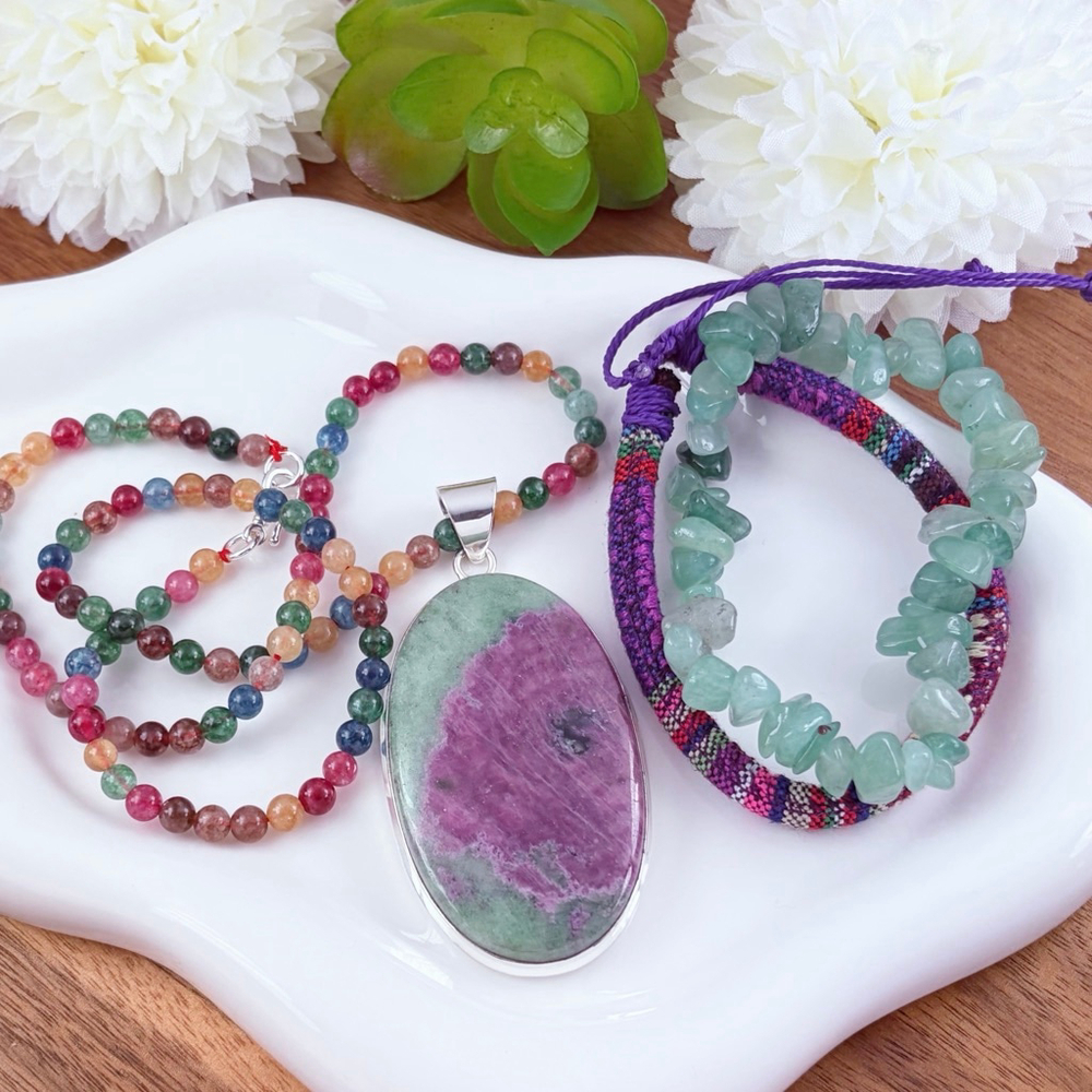 Boho Southwest Big Ruby Zoisite Pendant Necklace Jewelry Set Lot Handmade 925